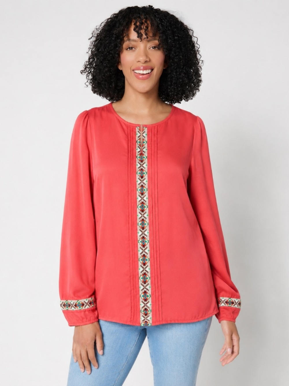 Boho Coral Embroidered‎ Peasant Blouse Lightweight Long Sleeve Top M